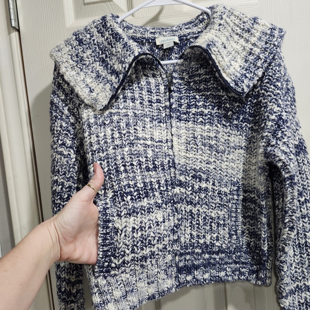 Sundance Women's Chunky Knit Zip Up Sweater Blue White Marled Collared Size S - Picture 4 of 15
